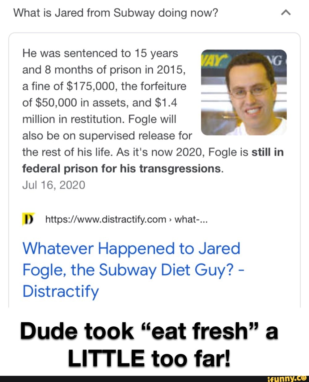 What is Jared from Subway doing now? "A VG He was sentenced to 15 years