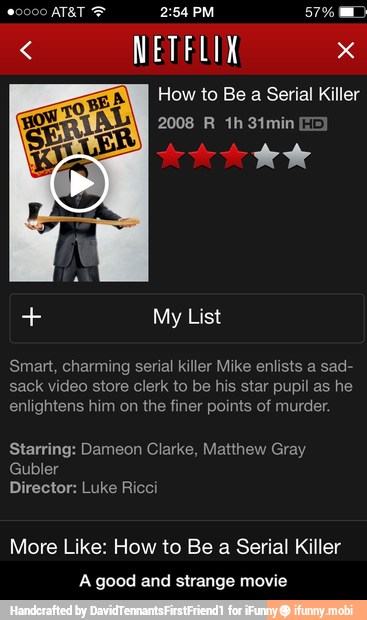NETFLIX x
How to Be a Serial Killer
toe
ar My List
Smart, charming serial killer Mike enlists a sad-
sack video store clerk to be his star pupil as he
enlightens him on the finer points of murder.
Director: Luke Ricci
a
A good and strange movie - A good and strange movie