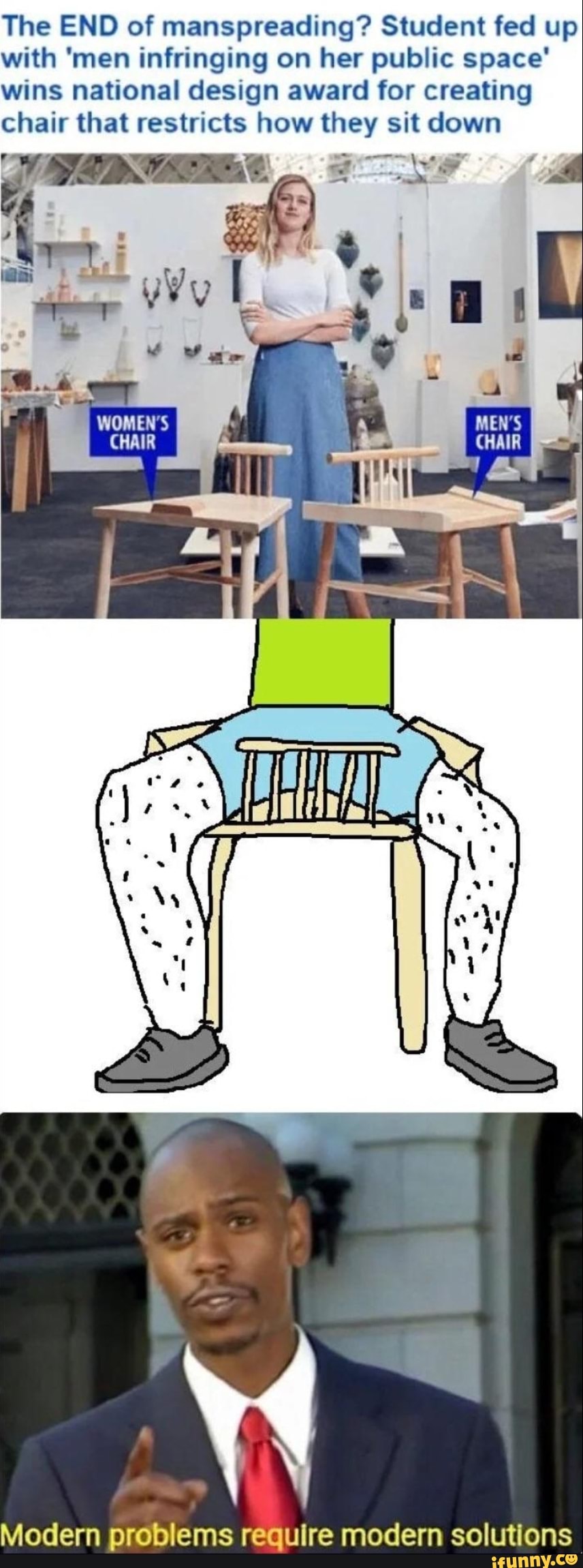The END of manspreading? Student fed up
with ‘men infringing on her public space'
wins national design award for creating
chair that restricts how they sit down