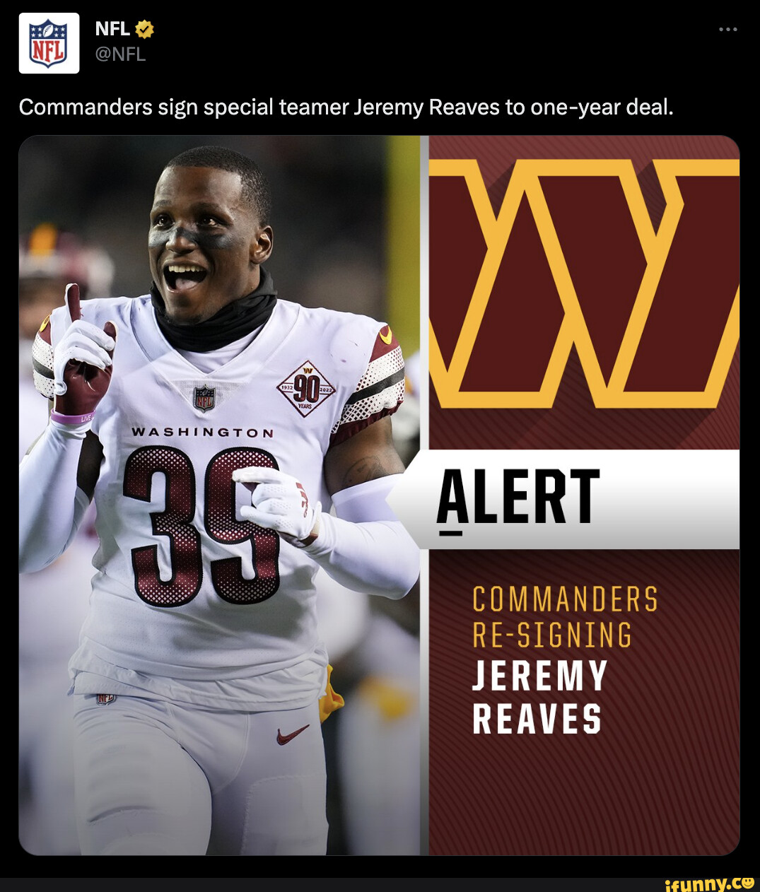 NFL @NFL Commanders sign special teamer Jeremy Reaves to one-year