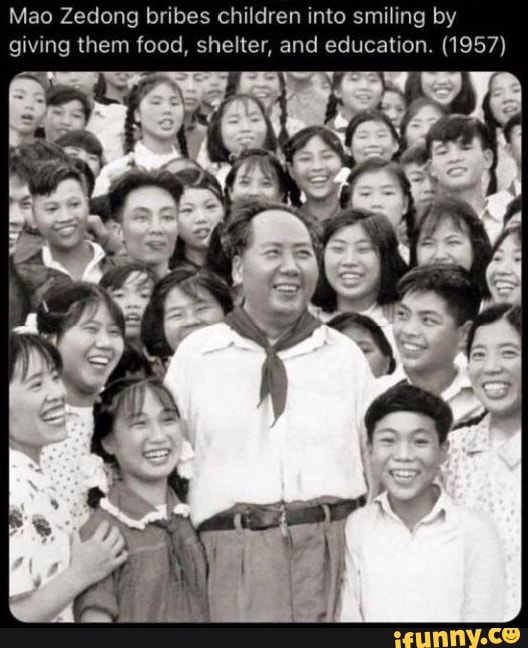 Mao Zedong bribes children into smiling by giving them food, shelter