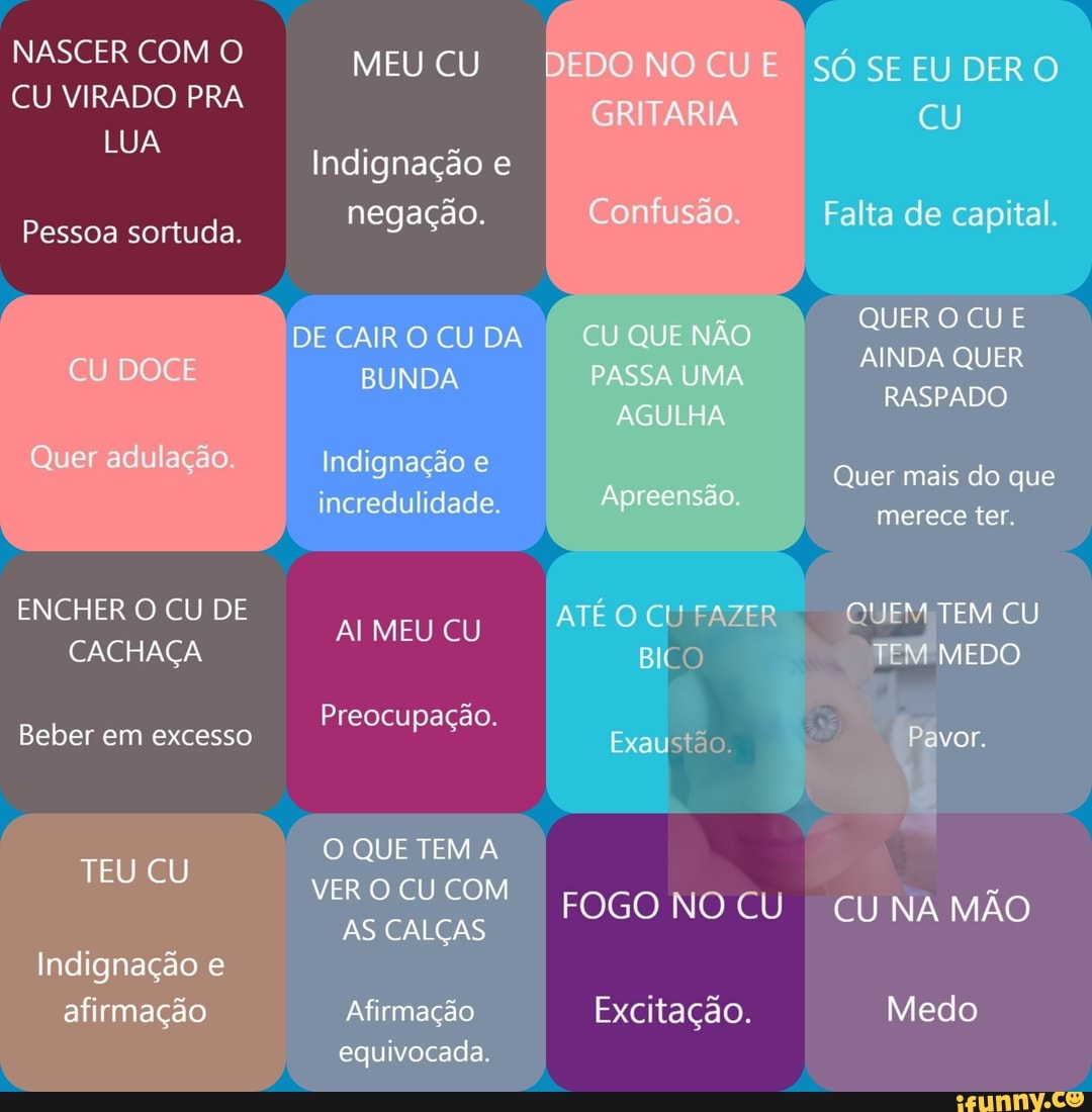 NASCER COM O CU VIRADO PRA LUA
Pessoa sortuda.
CU DOCE
Quer adu açao
ENCHER O CU DE CACHAÇA
Beber em excesso
TEU CU
Indignação e afirmação
MEU CU
Indignação e negação.
DE CAIR O CU DA
BUNDA Indignação e incredulidade.
Al MEU CU Preocupação.
O QUE TEM
VERO CU COM AS CALÇAS
Afirmação equivocada,
DEDO NO CU E SÓSE EU DERO
GR TAR À Confusao. Falta de capital.
QUER O CU E
QUE NAO
PASSA UMA
AGULHA Apreensão Quer mais do que
AINDA QUER
merece ter.
ATÉ O CU FAZER QUEM TEM CU TEM MEDO
Exauy ta Pavor.
FOGO NO I CU CU NA MÃO
Excitação. Medo