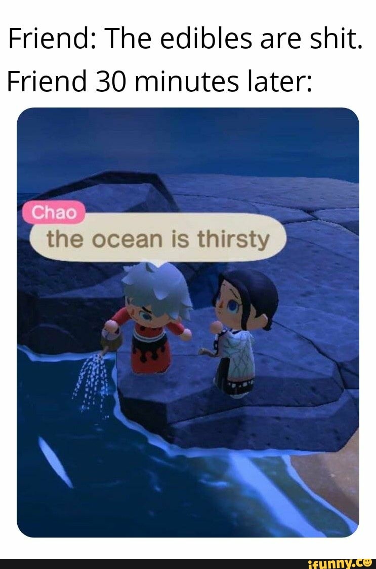 Friend: The edibles are shit.
Friend 30 minutes later:
the ocean is thirsty