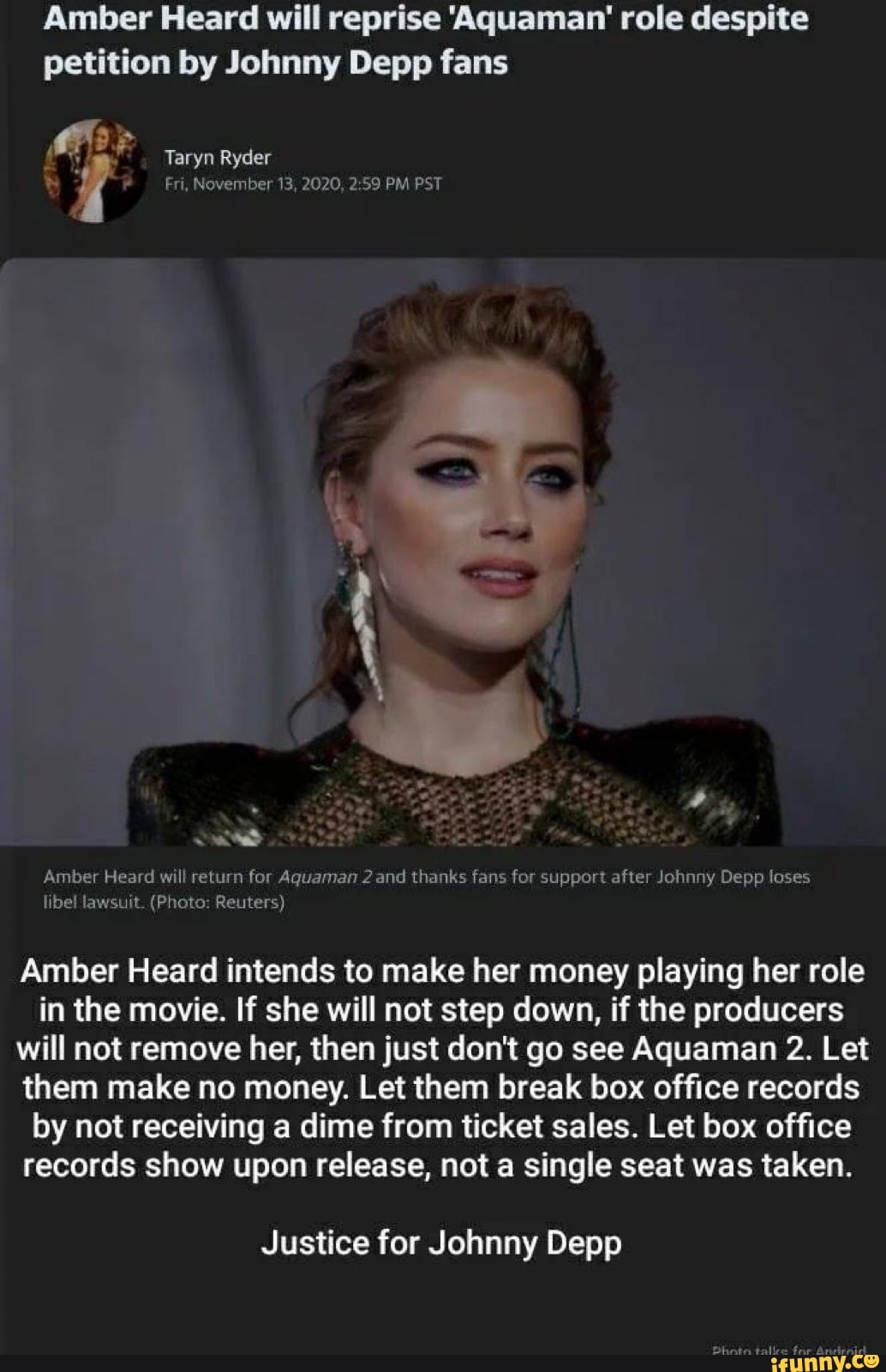 Amber Heard will reprise 'Aquaman' role despite petition by Johnny Depp fans Fri, November 13