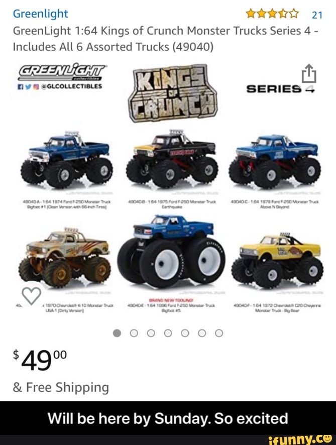 Greenlight REE 21
GreenLight 1:64 Kings of Crunch Monster Trucks Series 4
Includes All 6 Assorted Trucks (49040)
Will be here by Sunday. So excited - Will be here by Sunday. So excited