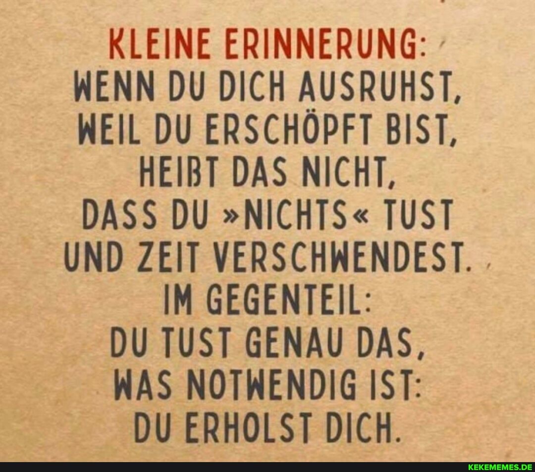 KLEINE ERINNERUNG:
WENN DU DICH AUSRUHST,
WEIL DU ERSCHÖPFT BIST,
HEIBT DAS NICHT,
DASS DU "NICHTS" TUST UND ZEIT VERSCHWENDEST.
IM GEGENTEIL:
DU TUST GENAU DAS,
WAS NOTWENDIG IST:
DU ERHOLST DICH.