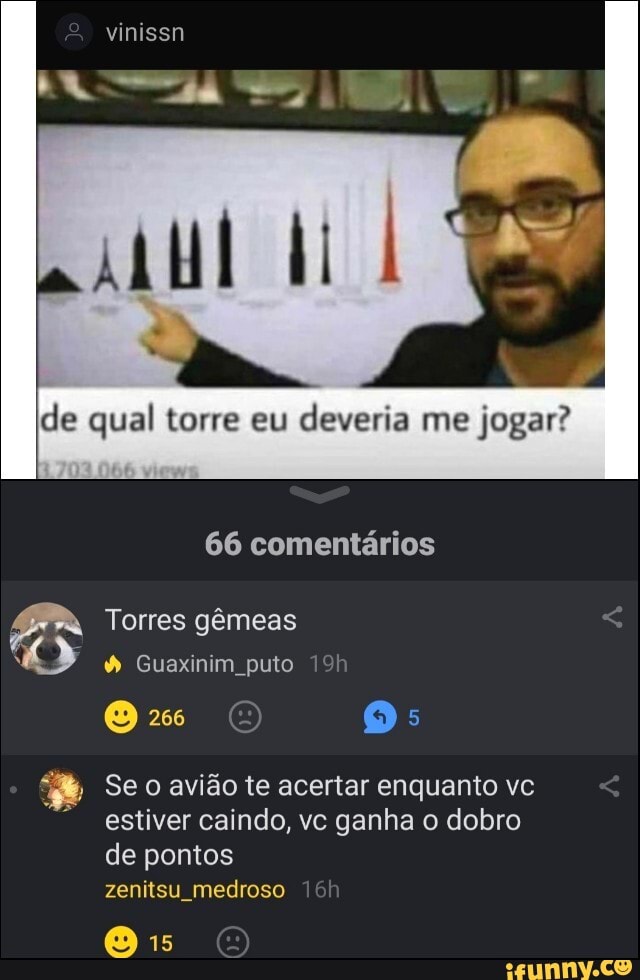 vinissn
de qual torre eu deveria me jogar?
66 comentários
Torres gêmeas
& Guaxinim puto
266
Se o avião te acertar enquanto estiver caindo, vc ganha o dobro de pontos zenitsu medroso
15