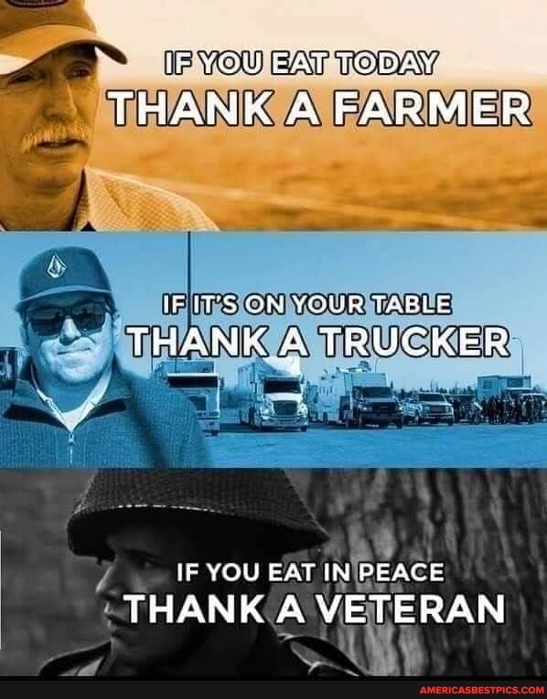 IF YOU EAT TODAY
THANK AA FARMER
IF ITS ON YOUR TABLE
THANK & TRUCKER
IF YOU EAT IN PEACE
THANK A VETERAN