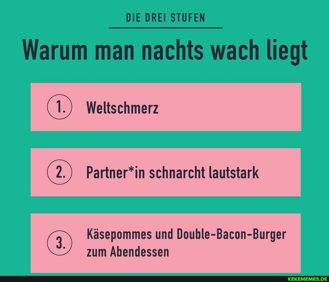 DIE DREI STUFEN
Warum man nachts wach liegt
(1) Weltschmerz
2.) Partner*in schnarcht lautstark
Käsepommes und Double-Bacon-Burger zum Abendessen