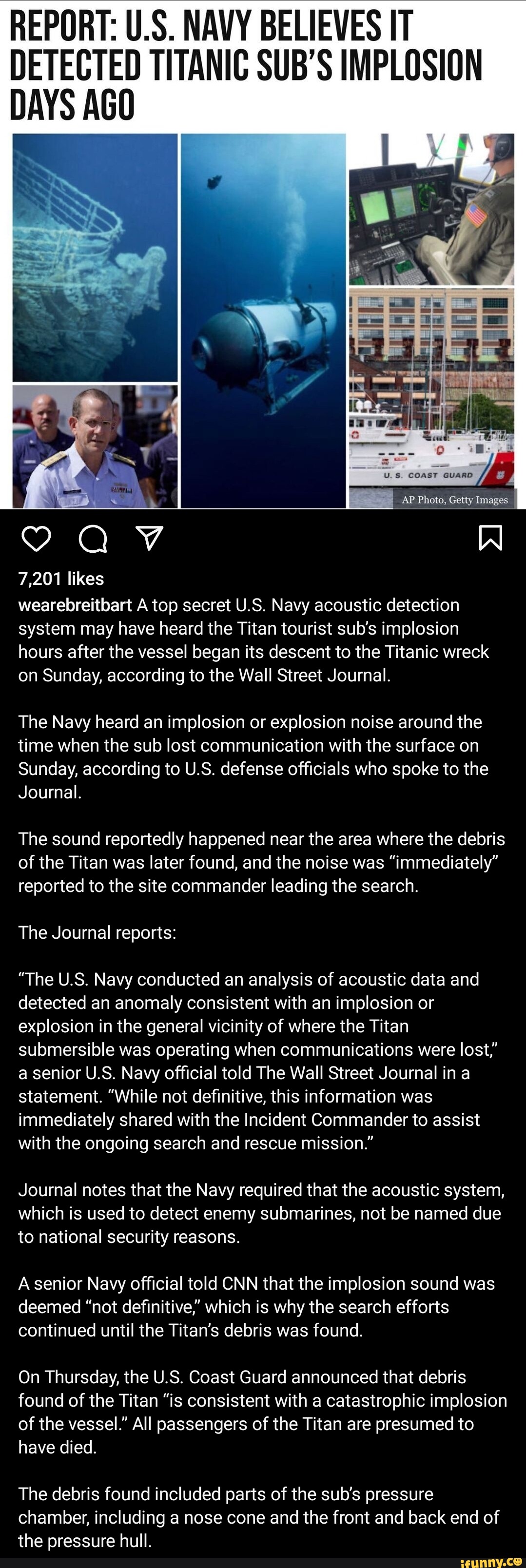 REPORT: U.S. NAVY BELIEVES IT DETECTED TITANIC SUB'S IMPLOSION DAYS AGO ...