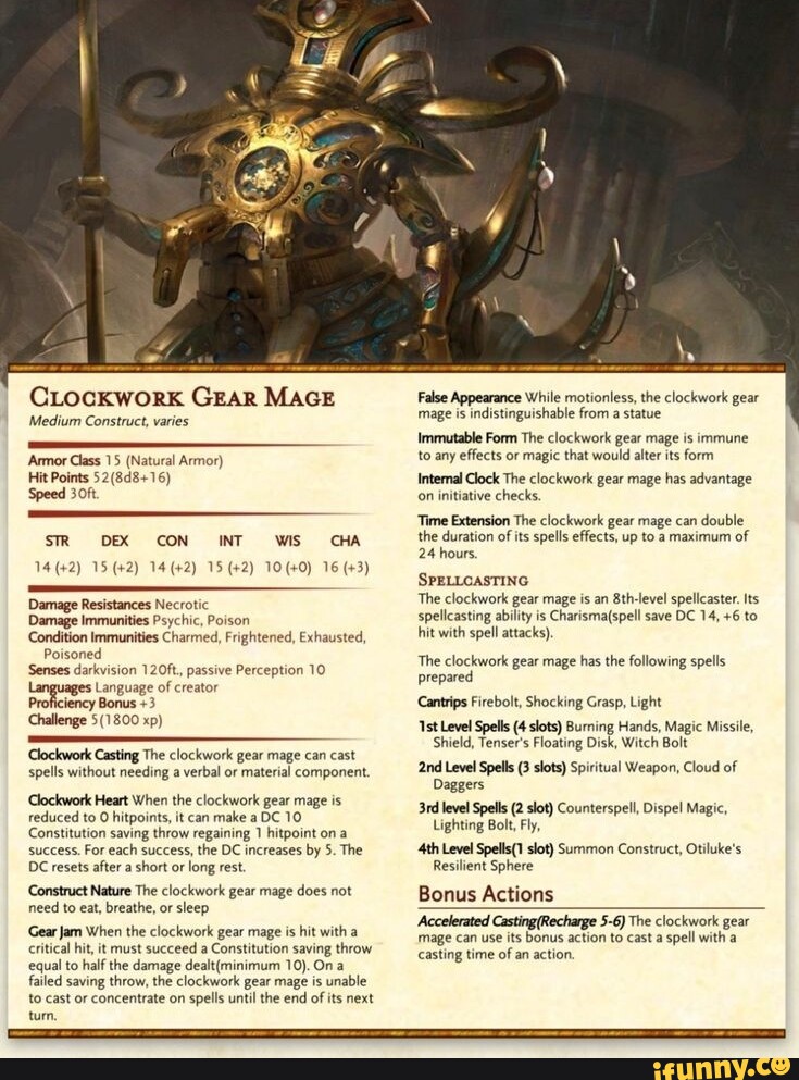 CLocKwork GEAR MAGE Medium Construct, varies 'Armor Class 15 (Natural