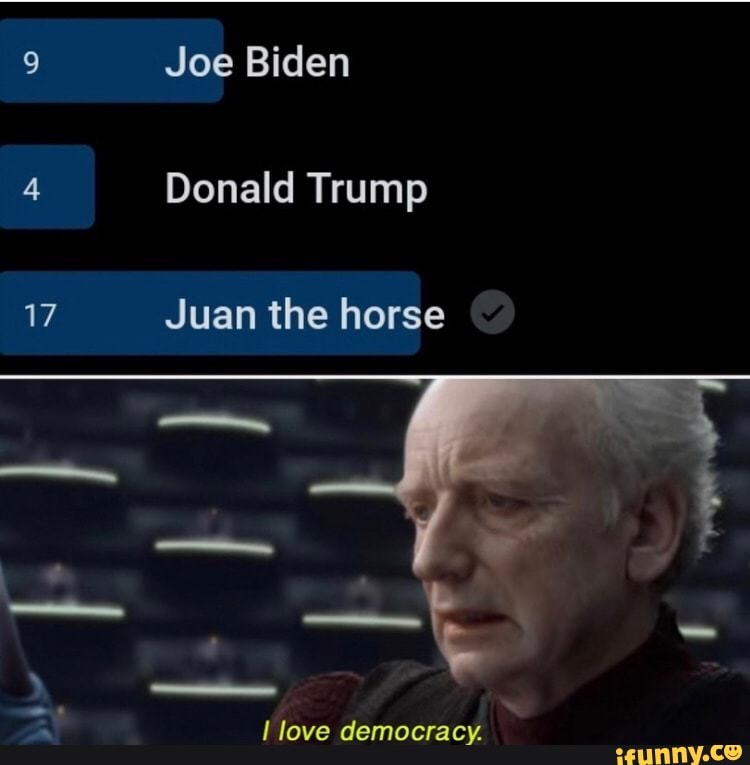 9 Joe Biden
Donald Trump
17 Juan the horse
love democracy.