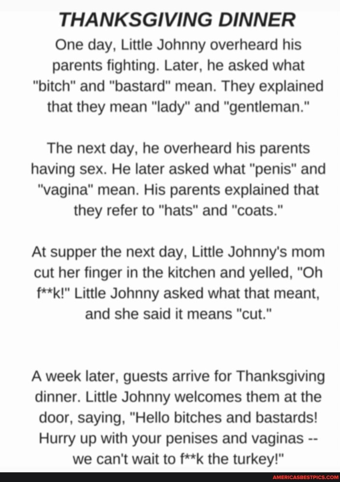 Thanksgiving Dinner One Day Little Johnny Overheard His Parents Fighting Later He Asked What Bitch And