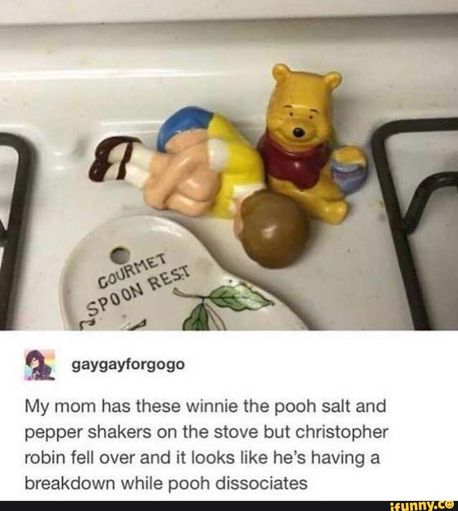 My mom has these winnie the pooh salt and pepper shakers on the stove but christopher robin fell over and it looks like he's having a breakdown while pooh dissociates