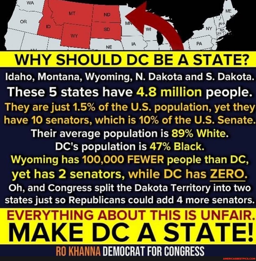 WHY SHOULD DC BE A STATE?
Idaho, Montana, Wyoming, N. Dakota and S. Dakota.
These 5 states have 4.8 million people.
They are just 1.5% of the U.S. population, yet they have 10 senators, which is 10% of the U.S. Senate.
Their average population is 89% White.
DC's population is 47% Black.
Wyoming has 100,000 FEWER people than DC, yet has 2 senators, while DC has ZERO.
Oh, and Congress split the Dakota Territory into into two states just so Republicans could add 4 more senators.
EVERYTHING ABOUT THIS IS UNFAIR.
MAKE DC A STATE!
RO HANNA DEMOCRAT FOR CONGRESS