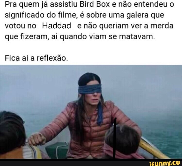 Pra quem já assistiu Bird Box e não entendeu o
significado do filme, é sobre uma galera que
votouno Haddad e não queriam ver a merda
que fizeram, ai quando viam se matavam.
Fica ai a reflexão.