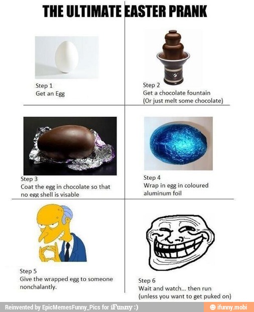 THE ULTIMATE EASTER PRANK
Get an
Egg,
Step 3
no egg shell is
visable
Get a
chocolate fountain
(Or just melt
some chocolate)
Step 4
coloured
aluminum foil
{unless you get puked on)