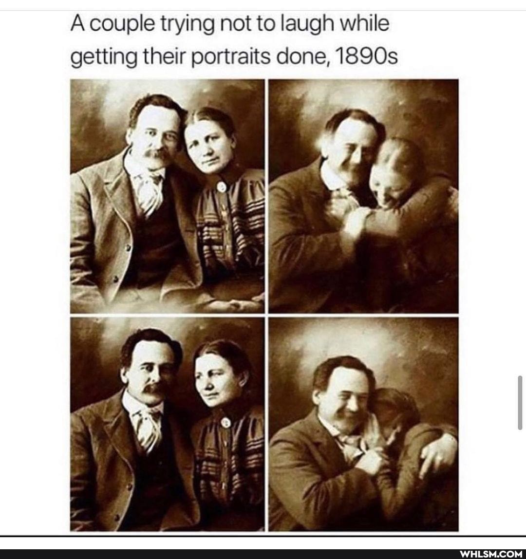 A couple trying not to laugh while getting their portraits done, 1890s