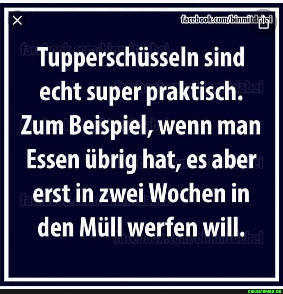 Tupperschüsseln sind echt super praktisch.
Zum Beispiel, wenn man
Essen übrig hat, es aber erst in zwei Wochen in den Müll werfen will.