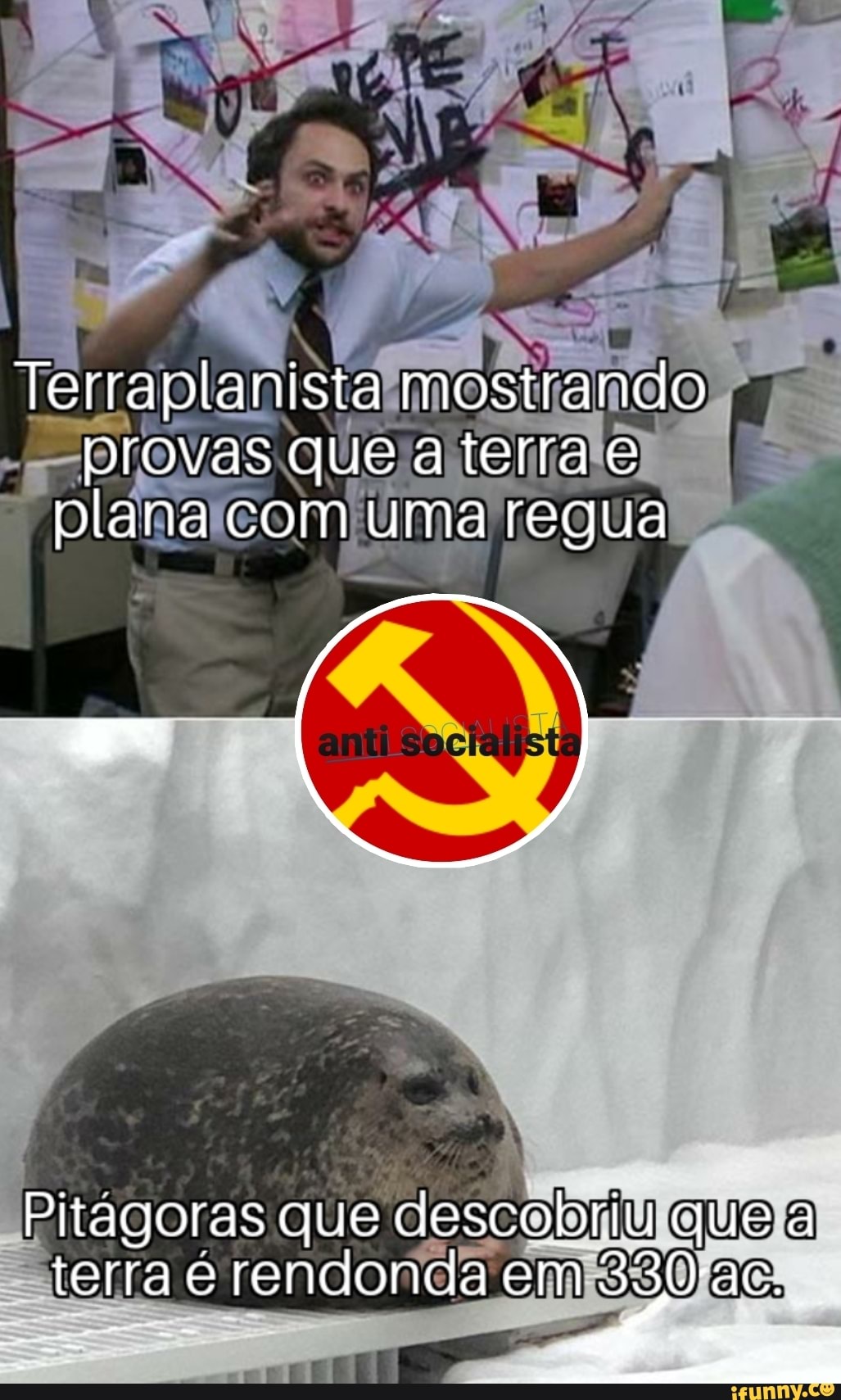 Terraplanista mostrando provas que a terra e plana com uma regua
Pitagoras que descobriu que a terra e rendonda em