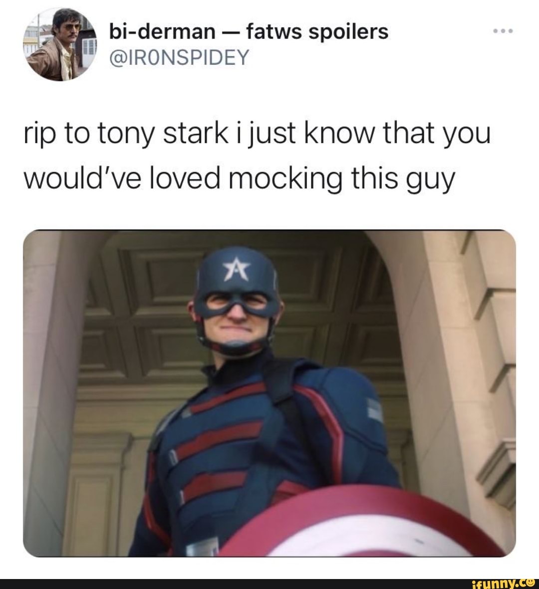 derman fatws spoilers
rip to tony stark just know that you would've loved mocking this guy