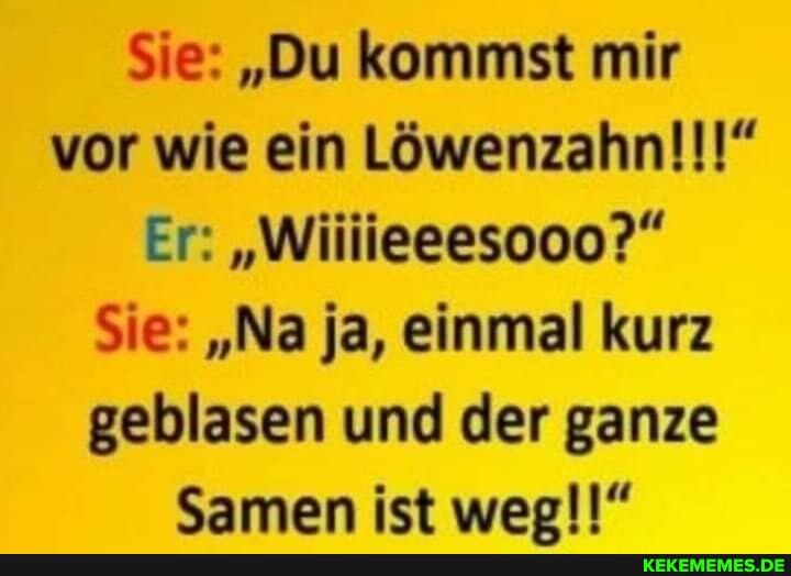 Sie: "Du kommst mir vor wie ein
Er: "Wiiiieeesooo?"
Sie: "Na ja, einmal kurz geblasen und der ganze
<amen ist weg!"