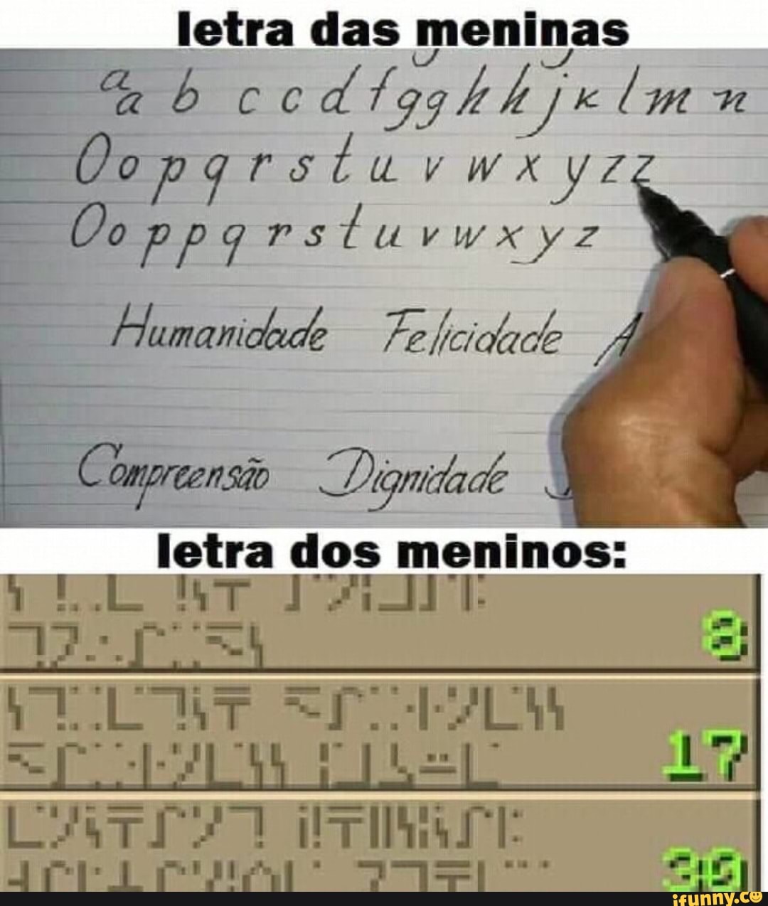 letra das meninas
Humanidude Felicidade
Er
E
Compreensão Di igmidade letra dos meninos: