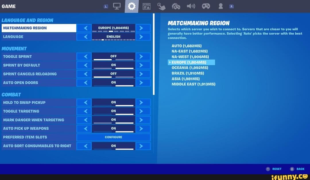 Game Language And Region Matchmaking Region Language Movement Toggle Sprint Sprint By Default Sprint Cancels Reloading