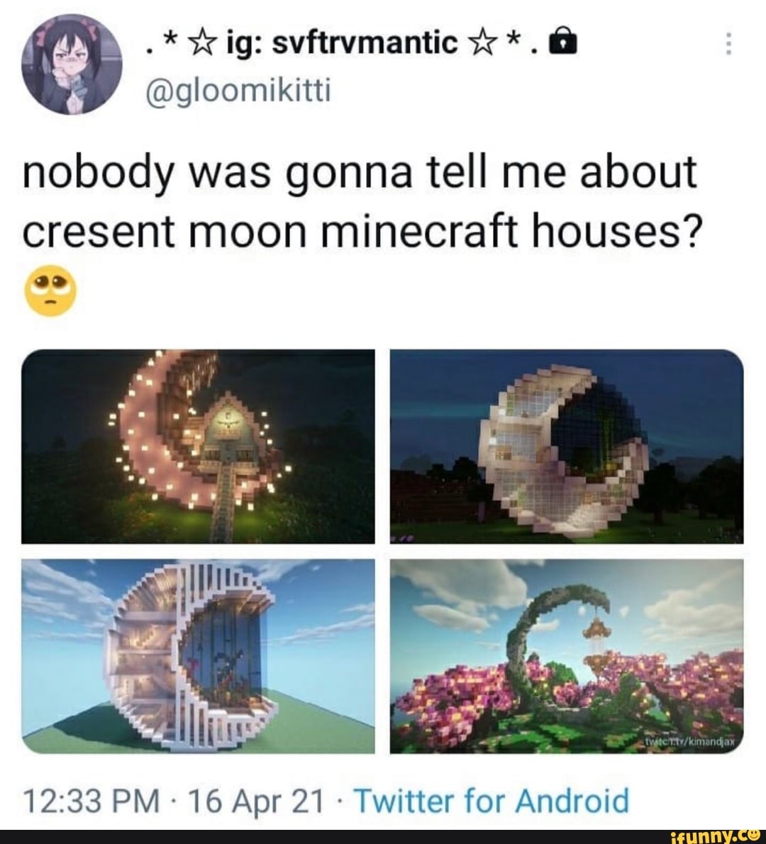 Nobody was gonna tell me about cresent moon minecraft houses? PM 16 Apr 21  Twitter for Android - )