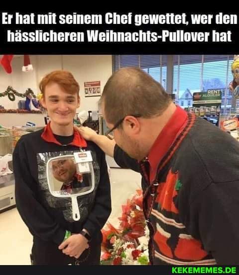 Er hat mit seinem Chef gewettet, wer den hässlicheren Weihnachts-Pullover hat