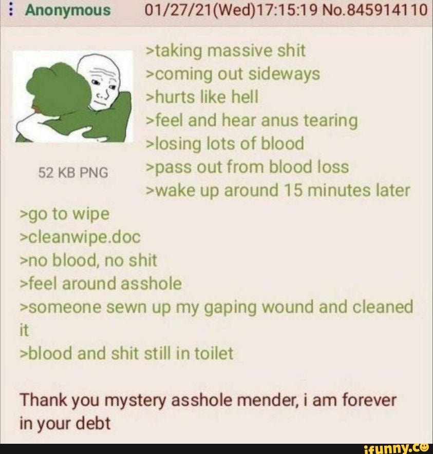 Anonymous No.845914110 >taking massive shit out sideways >hurts