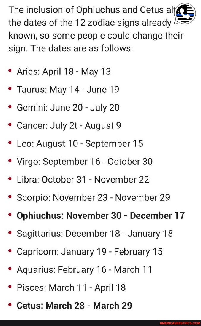 The inclusion of Ophiuchus and Cetus al the dates of the 12 zodiac ...