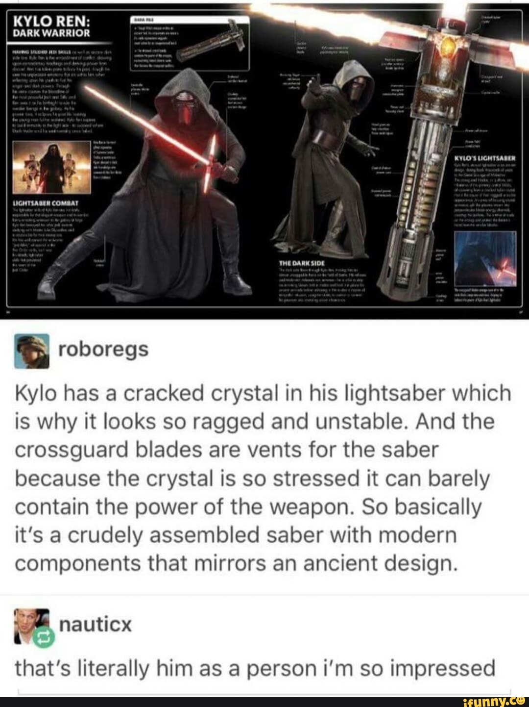 Kylo has a cracked crystal in his lightsaber which is why it looks so ...