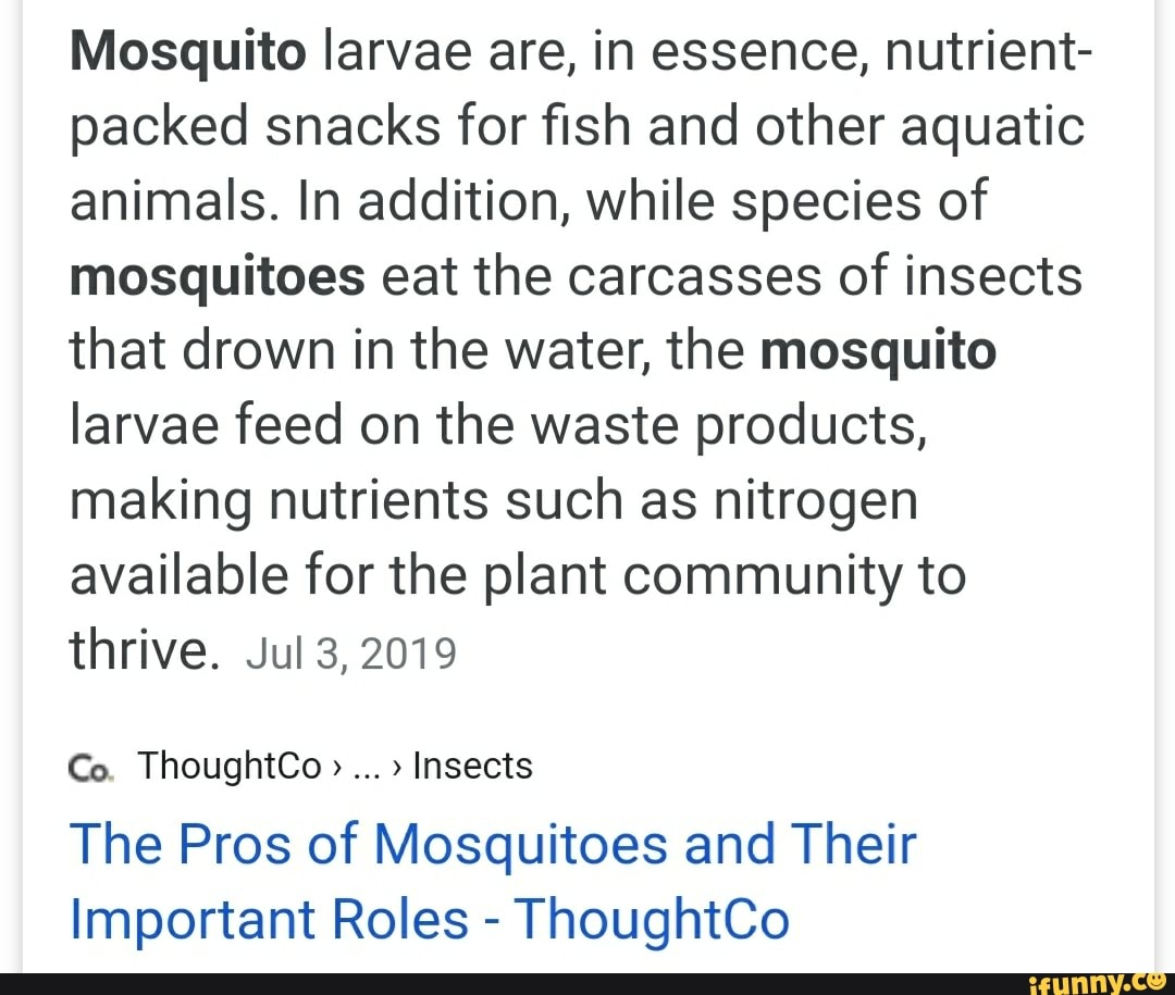 Mosquito larvae are, in essence, nutrient-
packed snacks for fish and other aquatic
animals. In addition, while species of
mosquitoes eat the carcasses of insects
that drown in the water, the mosquito
larvae feed on the waste products,
making nutrients such as nitrogen
available for the plant community to
thrive. Jul 3, 2019
Insects
The Pros of Mosquitoes and Their
Important Roles