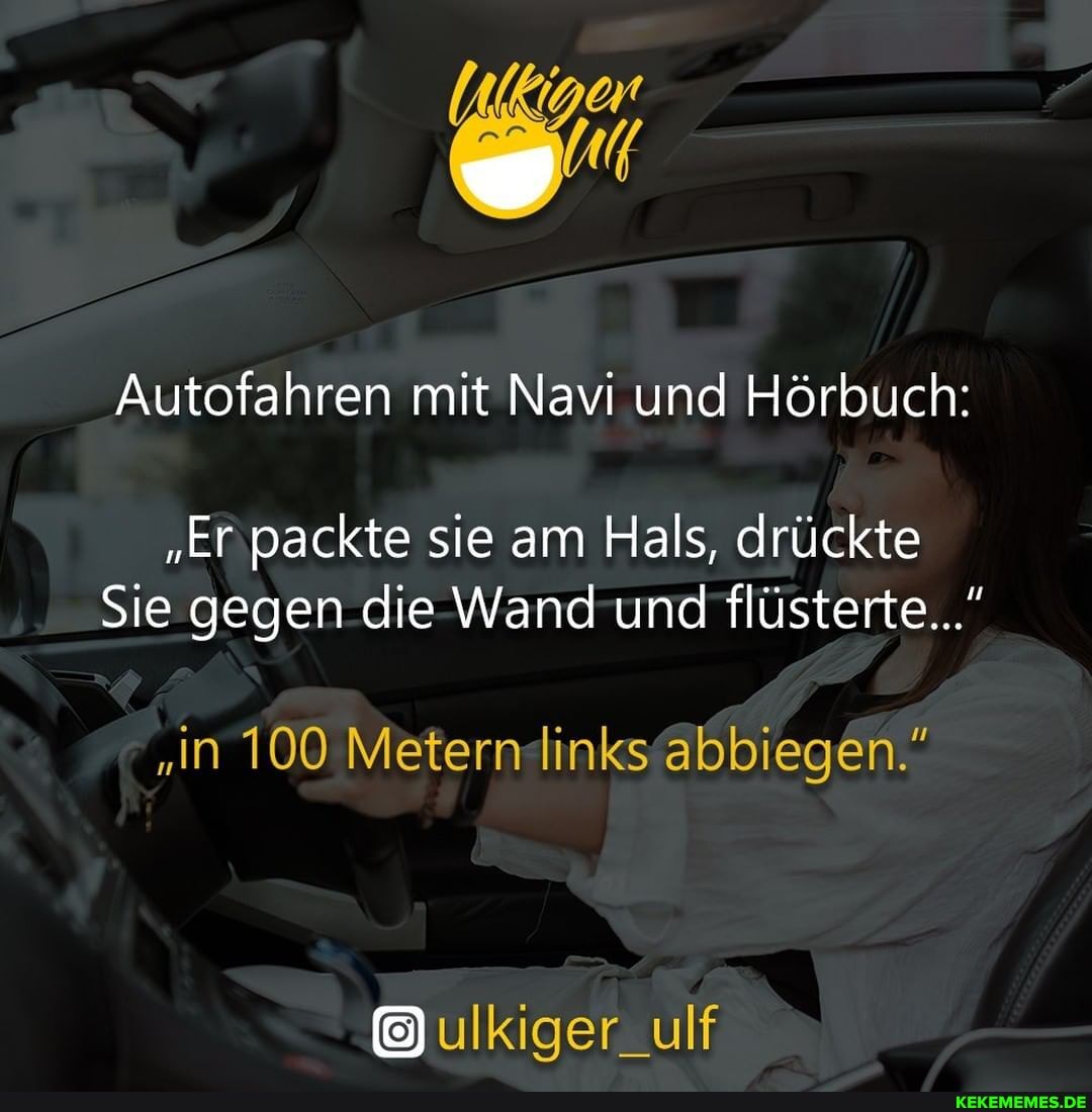 Autofahren mit Navi und Hörbuch:
"Er packte sie am Hals, drückte
Sie gegen die Wand und flüsterte..."
"in 100 Metern links abbiegen."
ulkiger_ulf