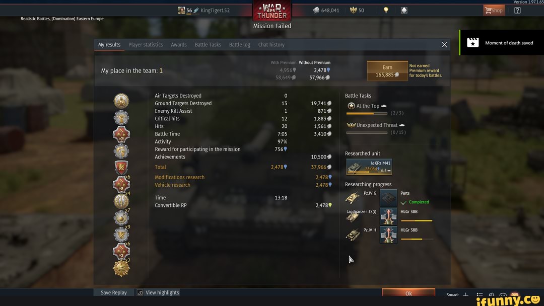 IMyresults Playerstaistics Awards Gatle Tasks Batlelog Cat history x
I AB werent tat set
My place in the team: 1 49568 24789 kL
sirene
seca 379568 as
Air Targets Destroyed o Battle Tasks
Ground Targets Destroyed 15 19789
Enemy Kil Assist 1 me
II AOS ais
ital is 2 18838
mis 20 1s01@ -Y®*Unexpeced Treat
Battle Time 705 34109 Atty 37%
Reward for paticipating inthe mission 7569
Achievements 105008
I
"MEME
Convertible RP 24789 VA