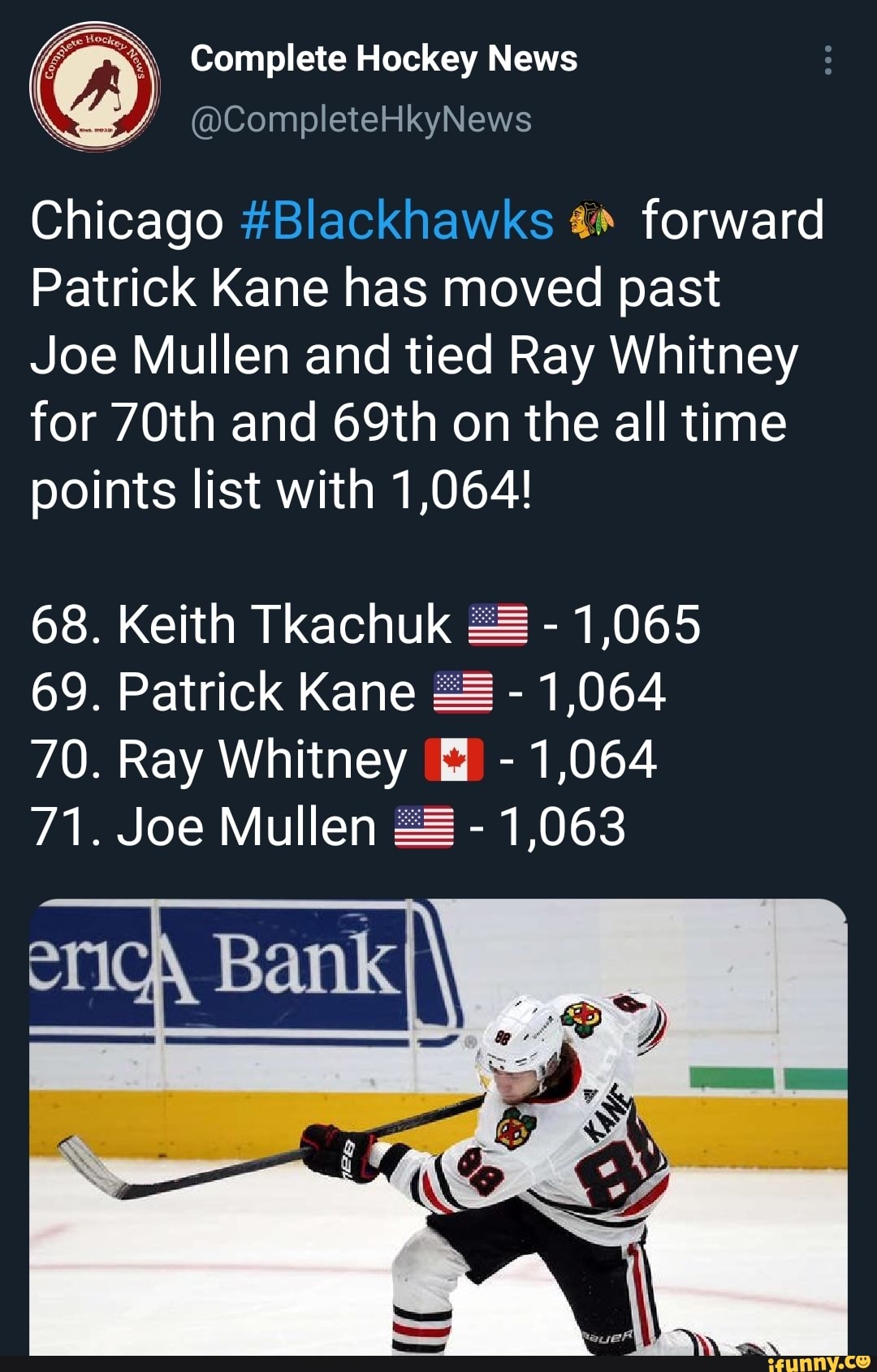 Complete Hockey News eteHkyNews
@Comp
eteHkyNews
Chicago #Blackhawks forward
Patrick Kane has moved past
Joe Mullen and tied Ray Whitney for 70th and 69th on the all time points list with 1,064!
68. Keith Tkachuk - 1,065
69. Patrick Kane - 1,064
70. Ray Whitney - 1,064
71. Joe Mullen - 1,063
eric Bankl\