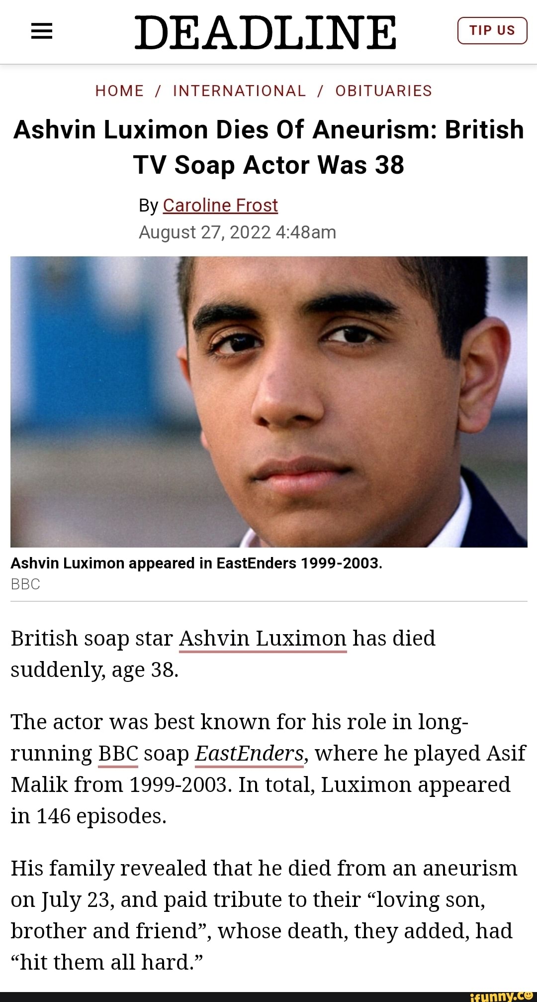 DEADLINE HOME / INTERNATIONAL / OBITUARIES Ashvin Luximon Dies Of ...