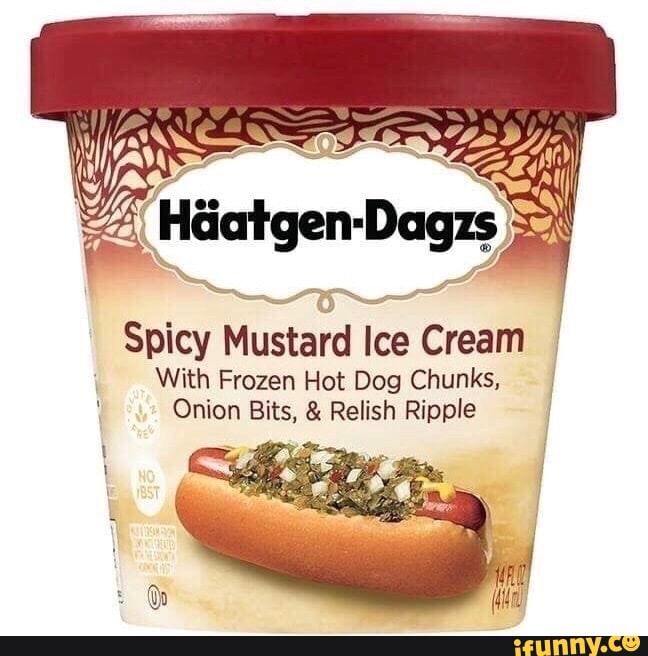 Spicy Mustard Ice Cream With Frozen Hot Dog Chunks, Onion Bits