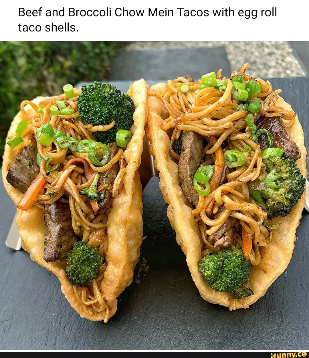 Beef and Broccoli Chow Mein Tacos with egg roll
taco shells.