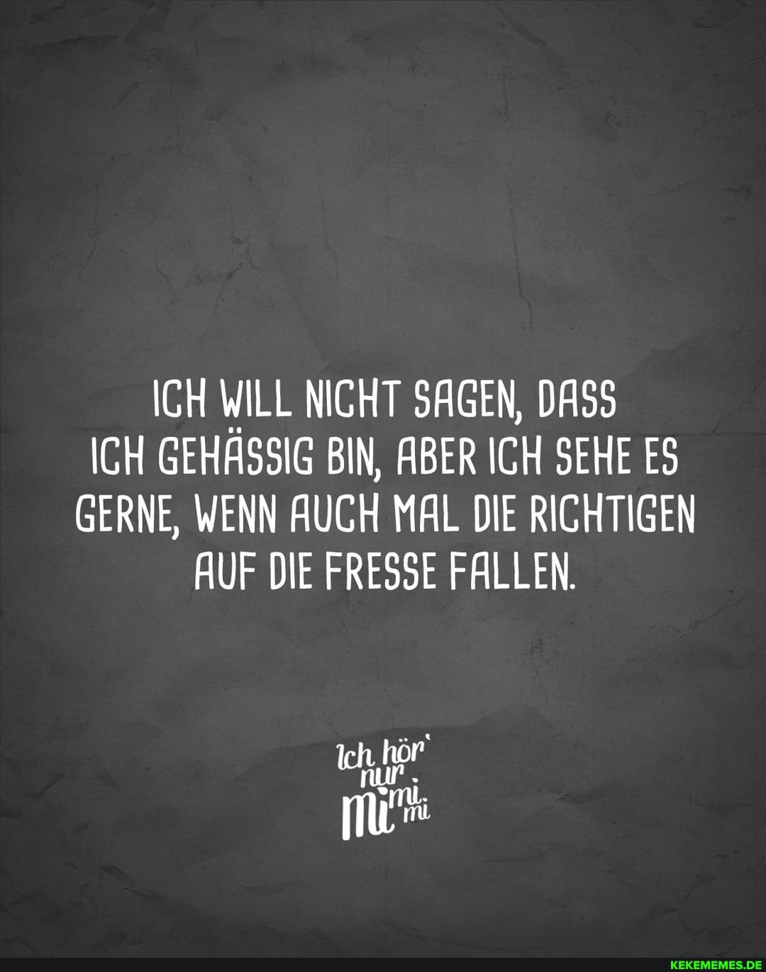 ICH WILL NICHT SAGEN, DASS ICH GEHASSIG BIN, ABER ICH SEHE ES GERNE, WENN AUCH MAL DIE RICHTIGEN AUF DIE FRESSE FALLEN.
nur