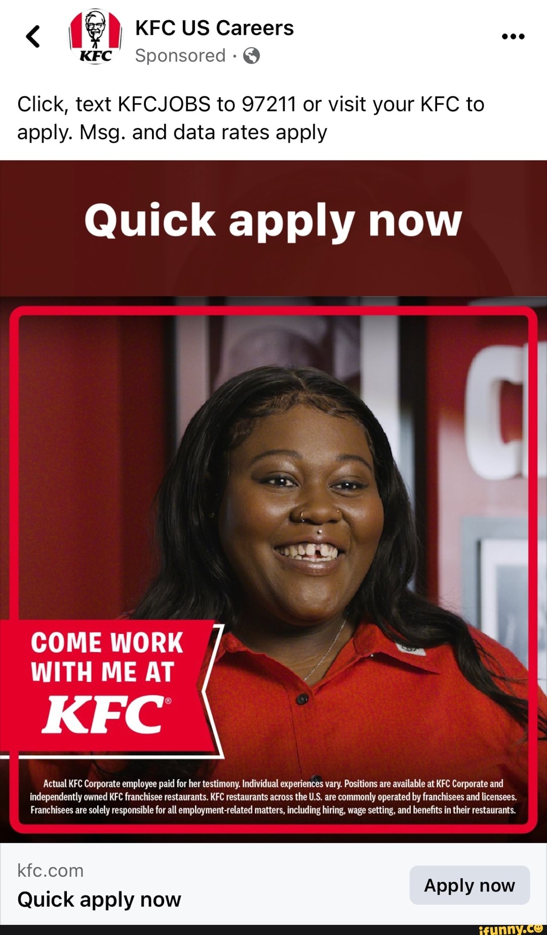 KFC US Careers KFC Sponsored Click, text KFCJOBS to 97211 or visit