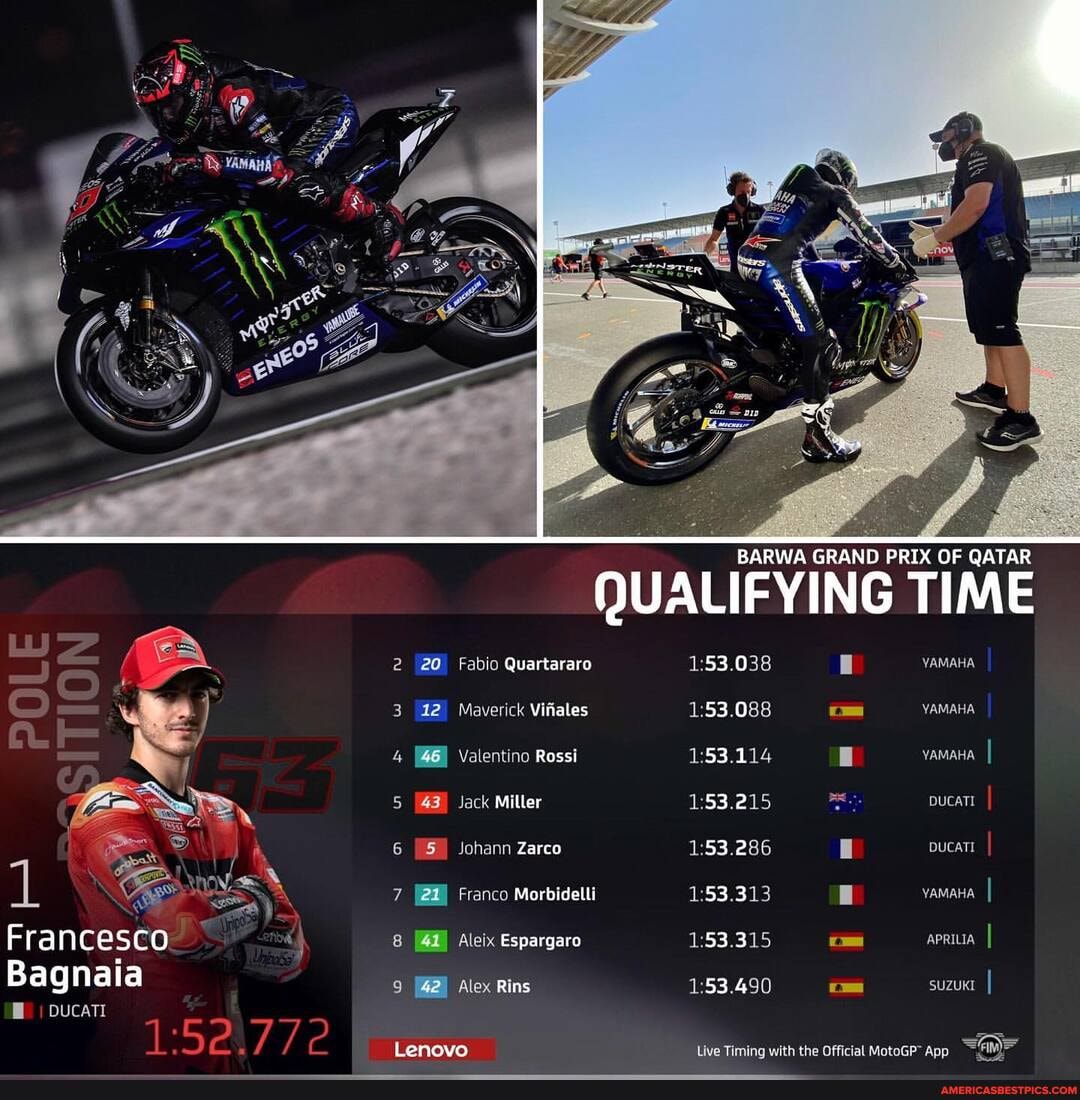 BARWA GRAND PRIX OF QATAR
QUALIFYING TIME
2 20 Fabio Quartararo YAMAHA
3 12 Maverick Vifiales 153.088 YAMAHA Valentino Rossi yamana I
5 43) Jack Miller DUCATI
6 Johann Zarco 153.286 DUCATI
7 Franco Morbidelli yamaHa I Francesco 8 Aleix Espargaro apriua I Bagnaia Alex Rins :53.490 om suzuxt I
DUCATI
' 5 Lenovo Live Timing with the Official MotoGP" App
