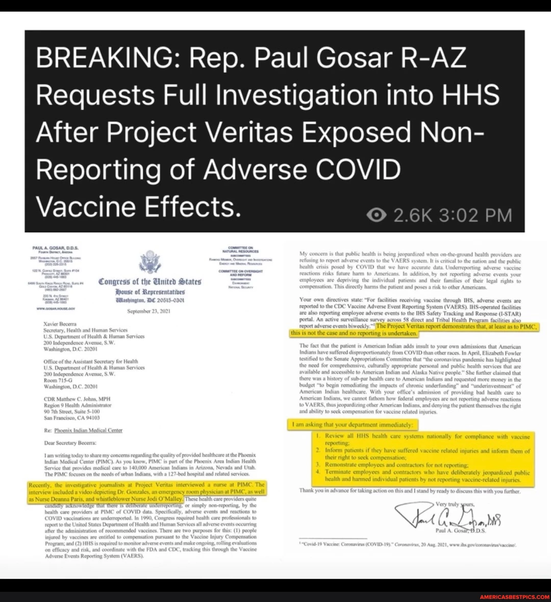 BREAKING: Rep. Paul Gosar R-AZ Requests Full Investigation into HHS After Project Veritas Exposed Non-Reporting of Adverse COVIDVaccine Effects. 2.6K PMwa