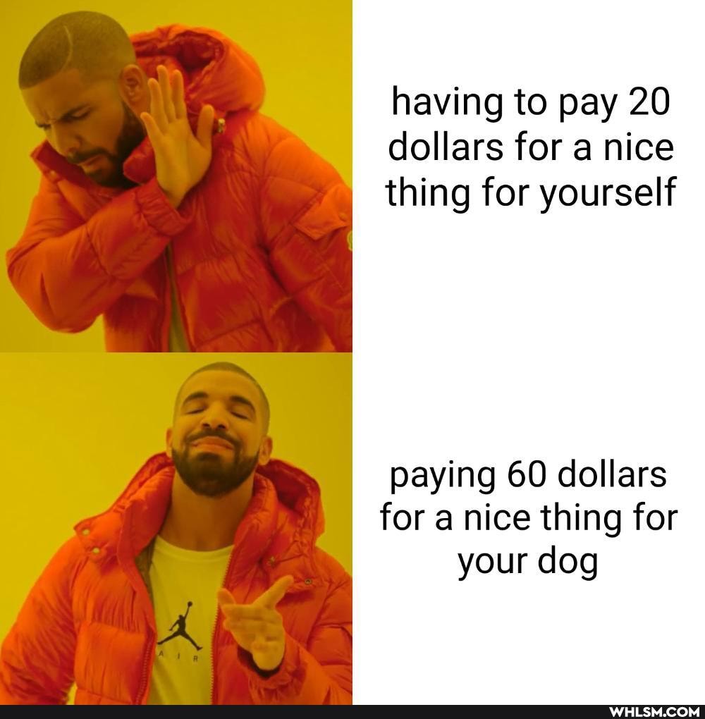 having to pay 20 dollars for a nice thing for yourself
paying 60 dollars for a nice thing for your dog