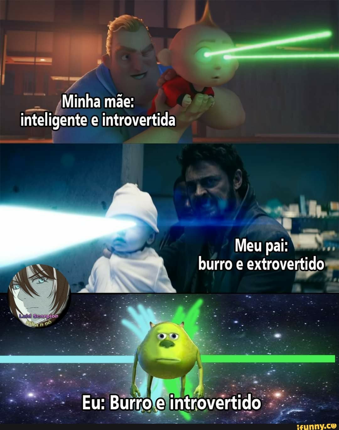 Minha mãe: inteligente e introvertida
Meu pai:
burro e extrovertido
Eu: Burro e introvertido
