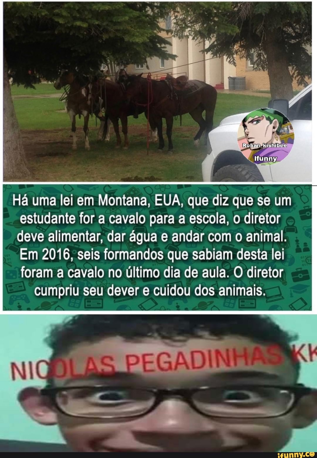 Rohar
Hunny
Há uma lei em Montana, EUA, que diz que se um estudante for a cavalo para a escola, diretor
deve alimentar, dar água e andar com o animal.
Em 2016, seis formandos que sabiam desta lei
foram a cavalo no último dia de aula. O diretor cumpriu seu dever e cuidou dos animais.