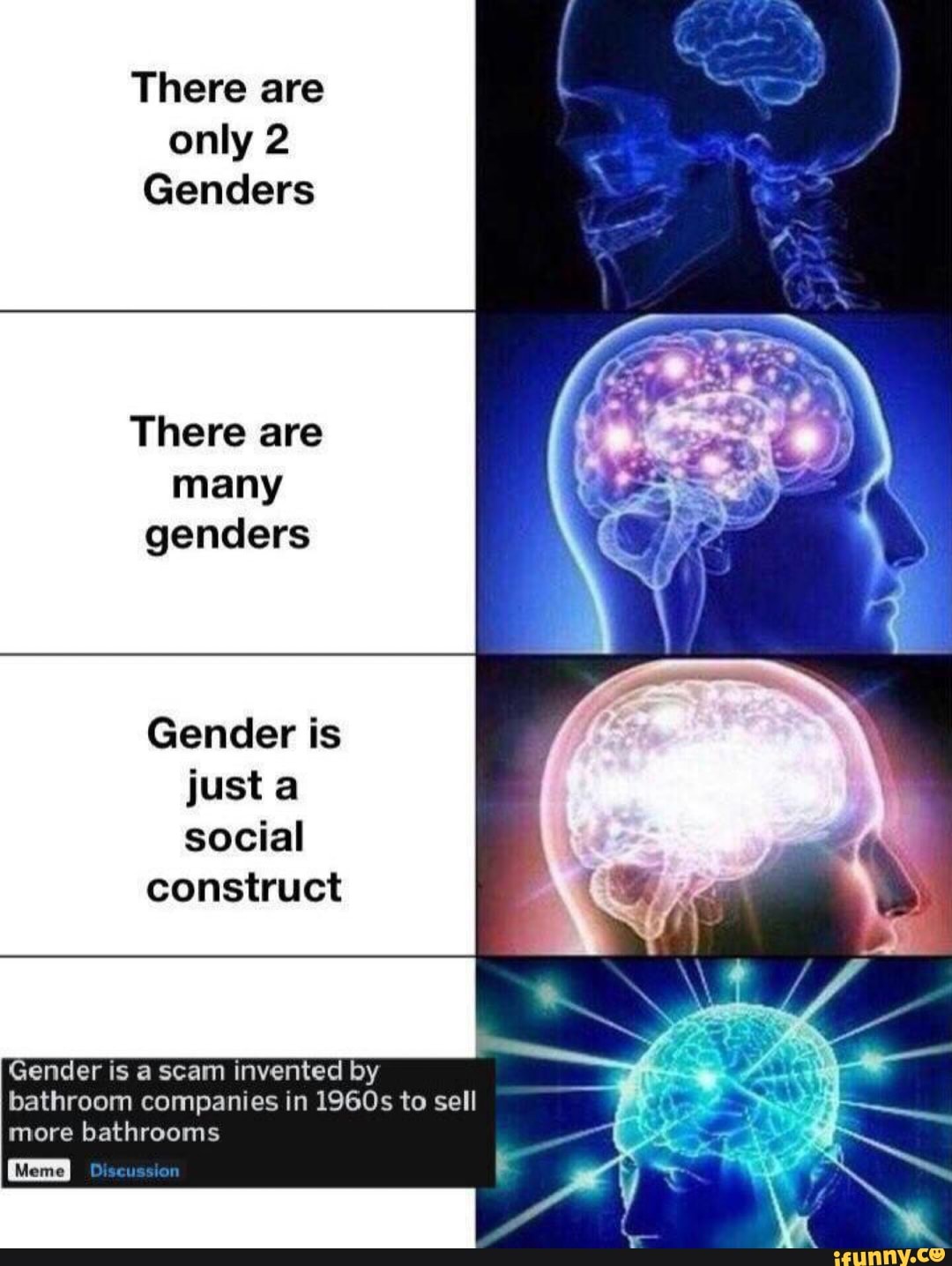 There are
only 2
Genders
There are
genders
Gender is
just a
social
construct
Gender is a scam invented by
bathroom companiesm1960$ to sell
more bathrooms
um: