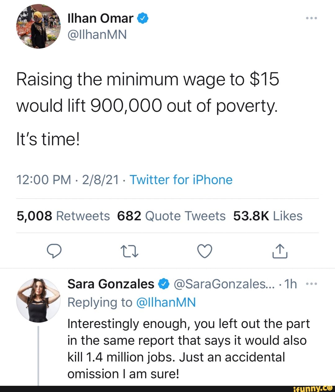 Omar
Raising the minimum wage to $15 would lift 900,000 out of poverty.
It's time!
PM - - Twitter for iPhone
it
Sara Gonzales @ @SaraGonzales... -
Replying to @llhanMN
Interestingly enough, you left out the part in the same report that says it would also
kill 1.4 million jobs. Just an accidental omission I am sure!