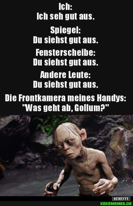 Ich:
Ich seh gut aus.
Spiegel:
Du siehst gut aus.
Fensterscheibe:
Du siehst gut aus.
Andere Leute:
Du siehst gut aus.
Die Frontkamera meines Handys:
"Was geht ab, Gollum?"
